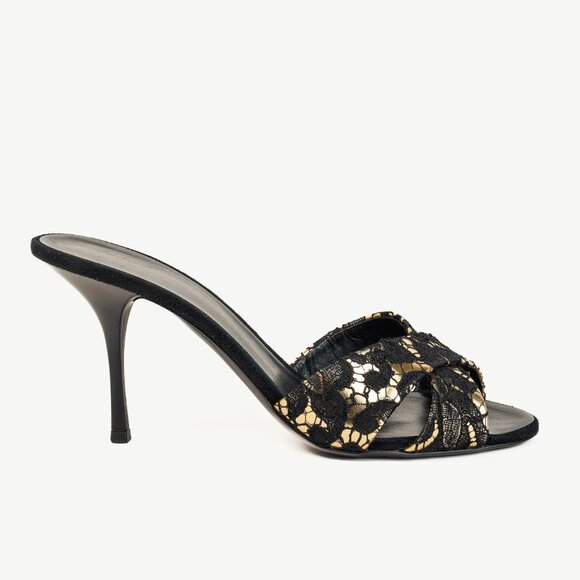 Giuseppe Zanotti Gold & Black Lace Crossover-Strap Mules - Picture 1 of 10